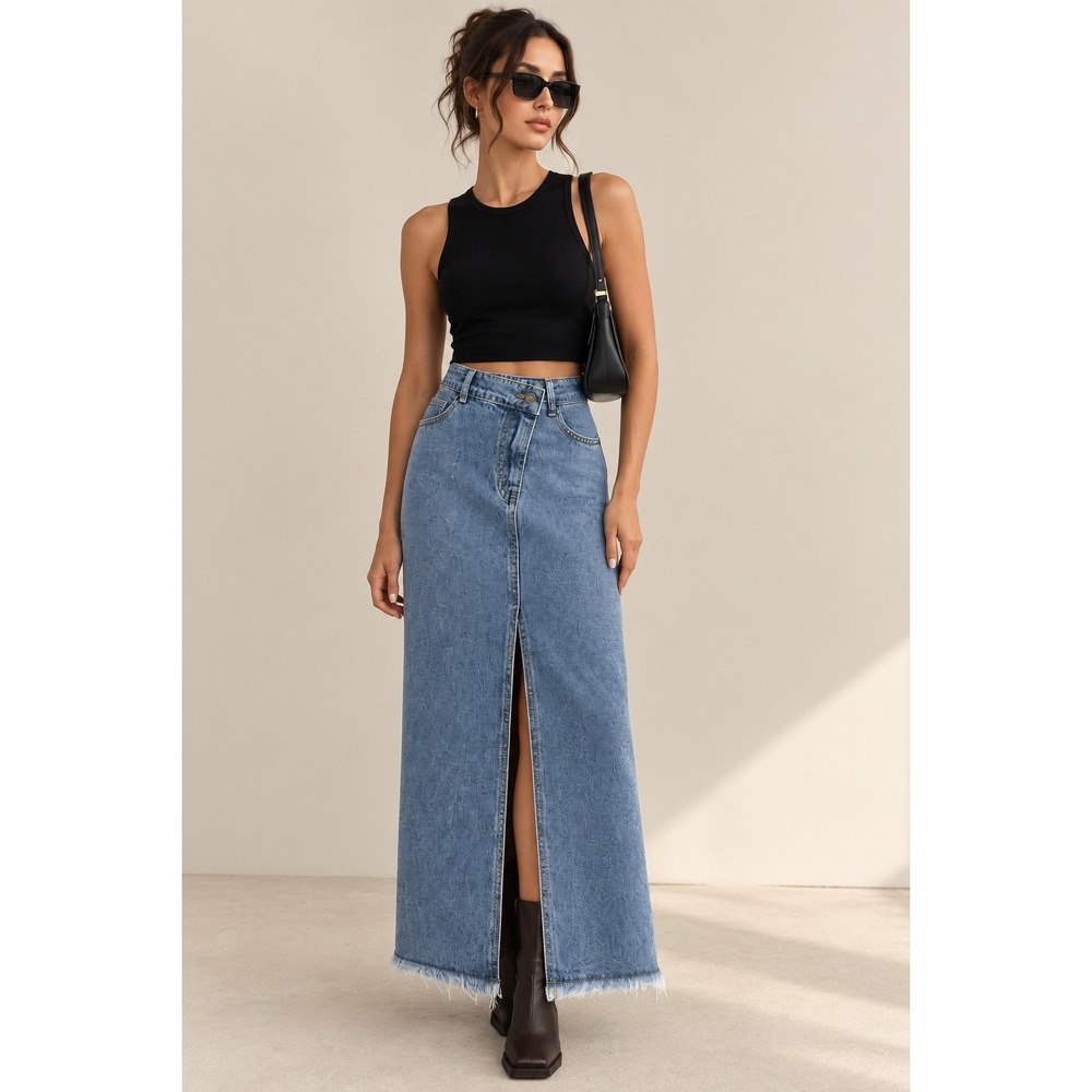 COMMENSE Asymmetrical Button Pockets Slit Denim Maxi Skirt Size XS